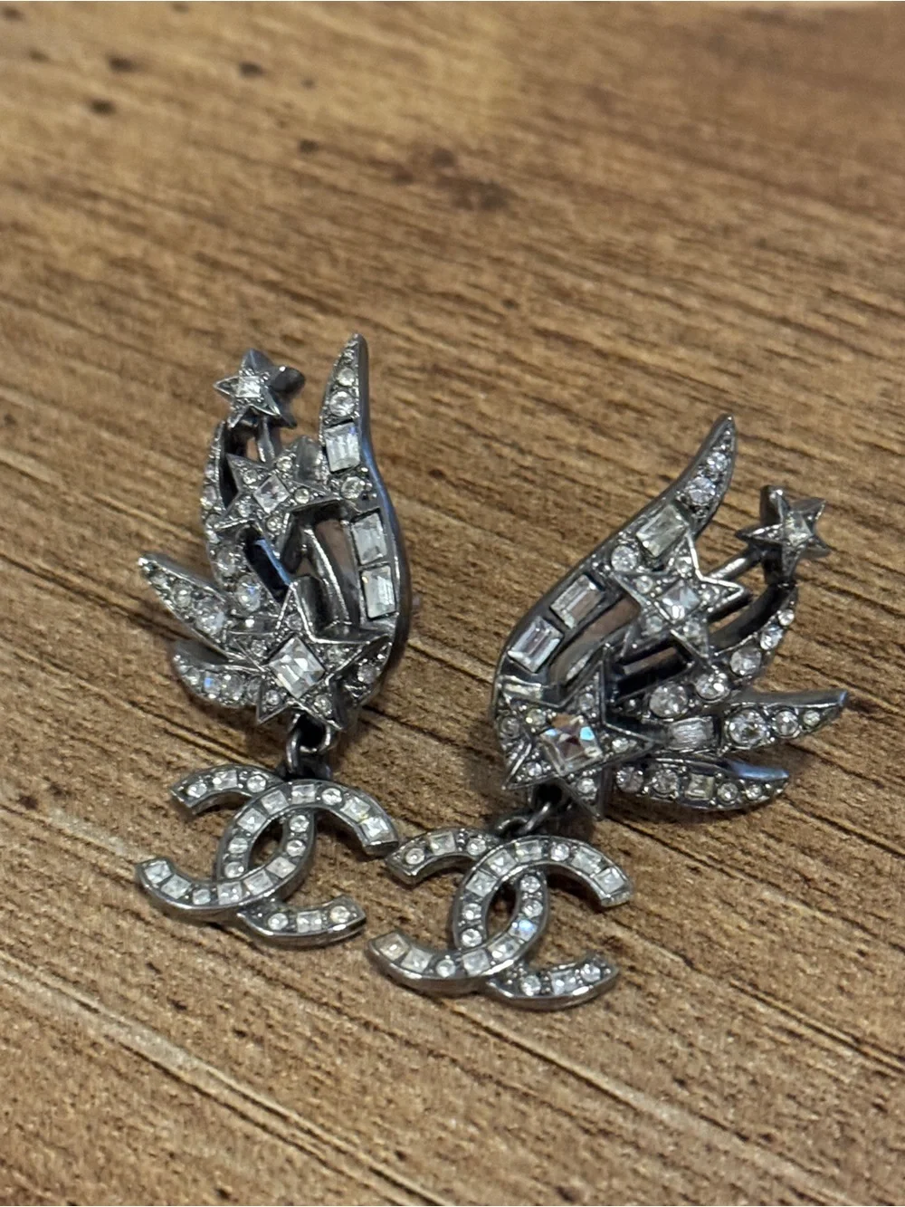 CHANEL Silver Crystal CC Comet Drop Earrings